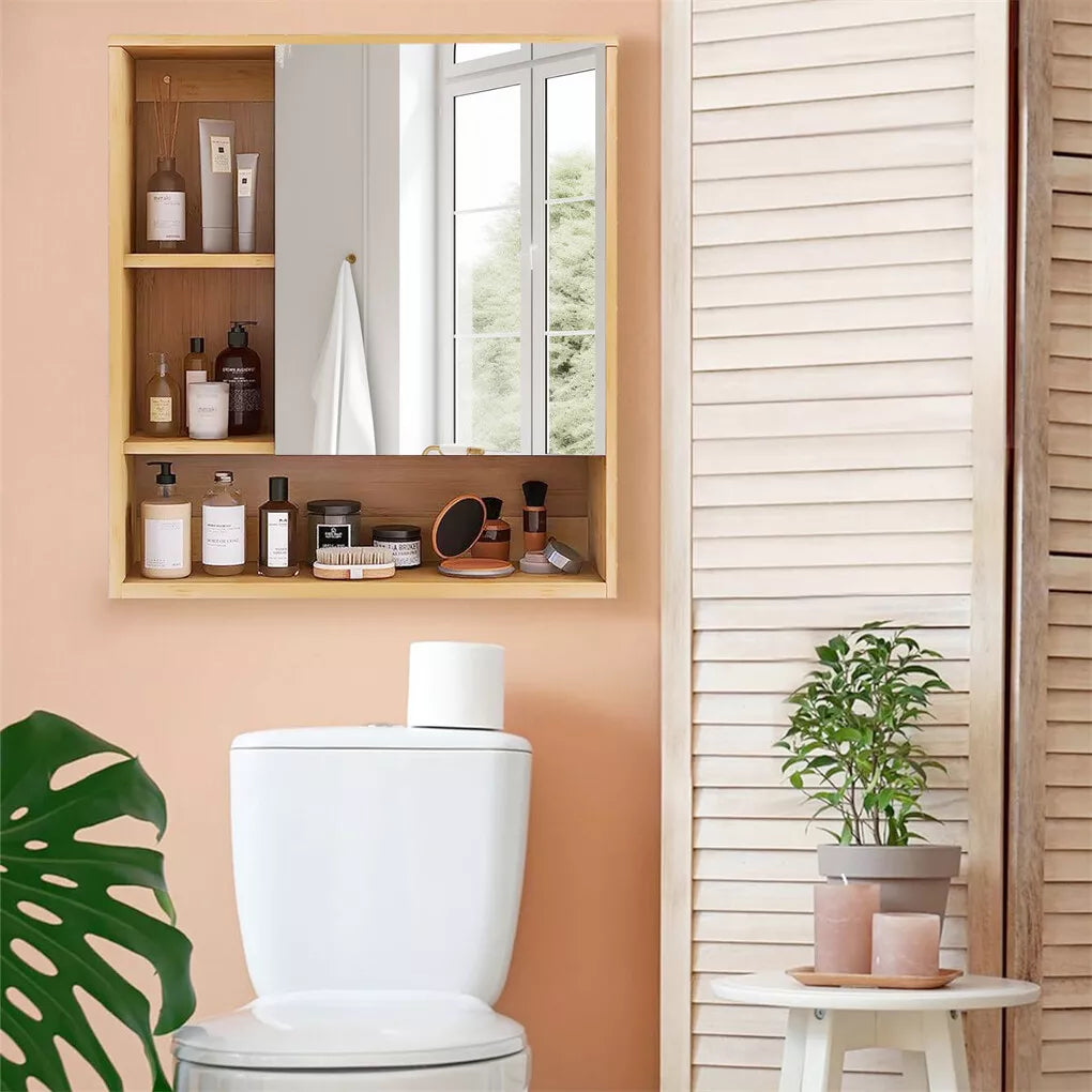 Wall Medicine Cabinet Natural Bamboo Bathroom Vanity Mirror 5 Open Storage Shelf