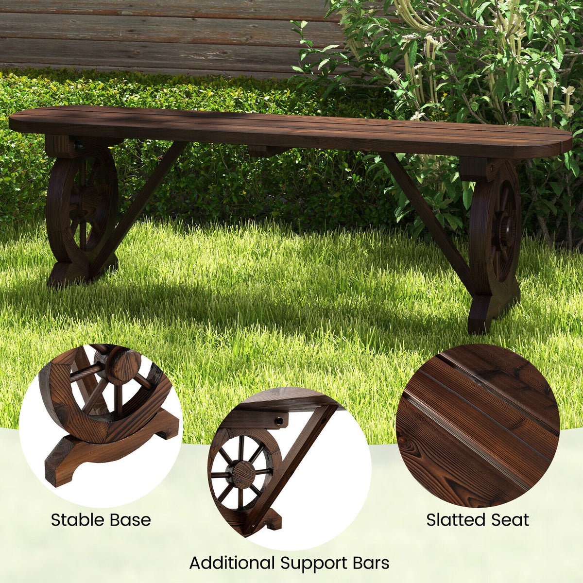 2-Seat Carbonised Fir Garden Bench with Wagon-Wheel Arms