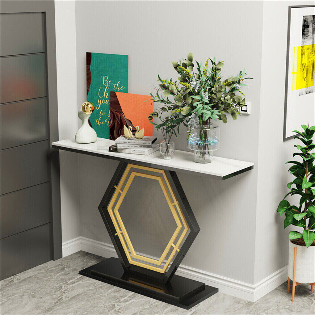 Heavy-Duty Marble-Style Console Table with Geometric Base