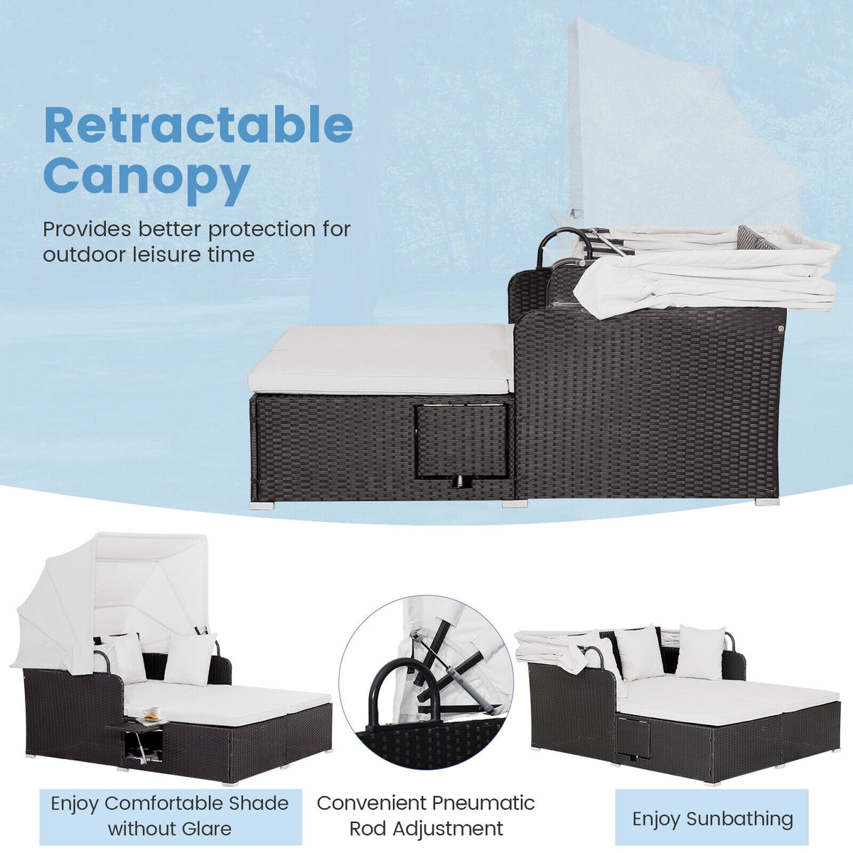 Outdoor Rattan Daybed with Retractable Canopy