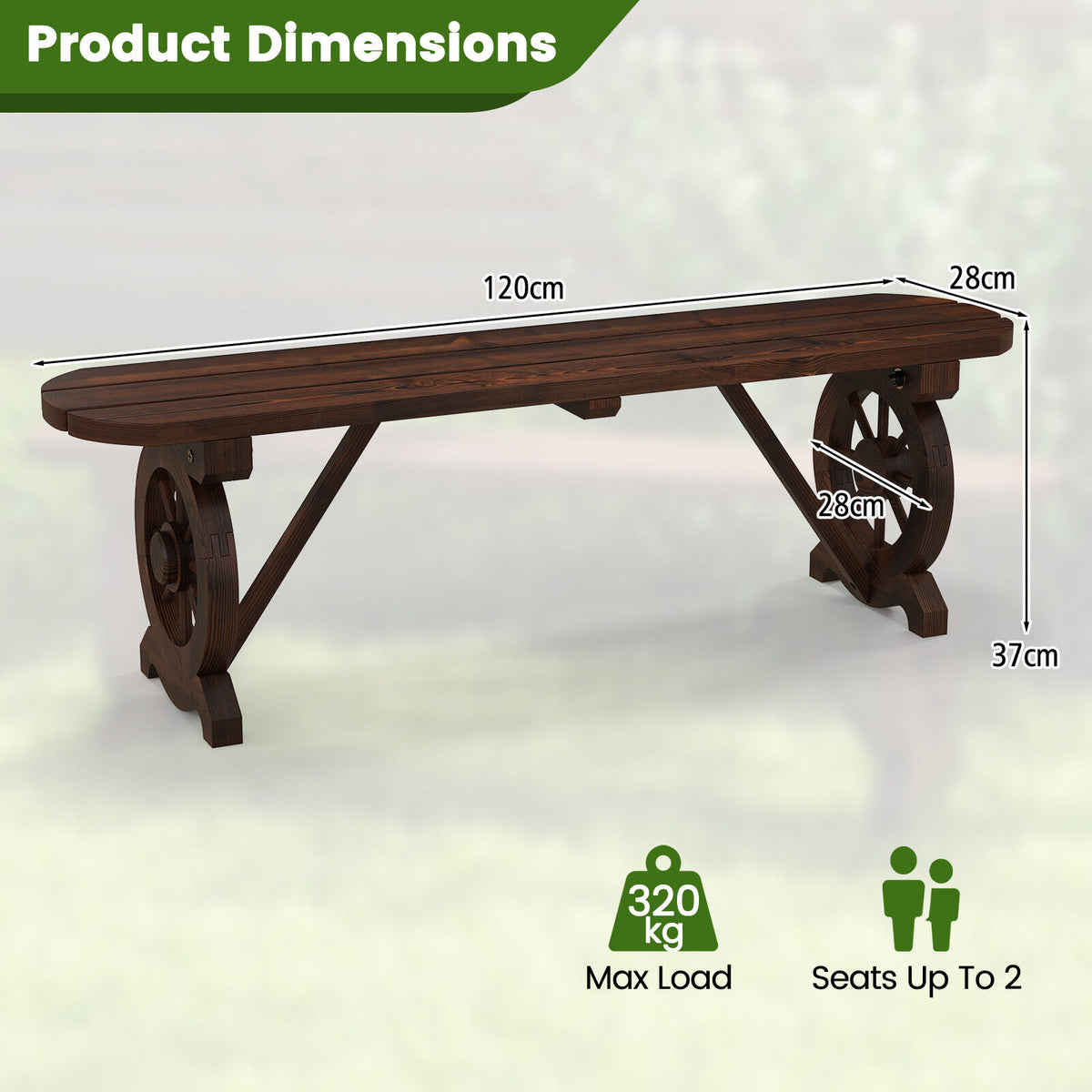 2-Seat Carbonised Fir Garden Bench with Wagon-Wheel Arms