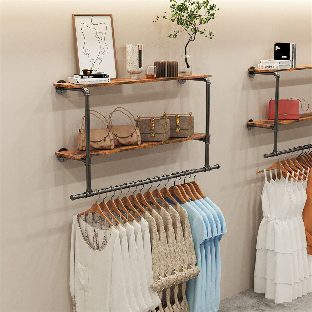 116 cm Wall-Mounted Pipe Garment Rack with 2 Shelves – 2 Finishes