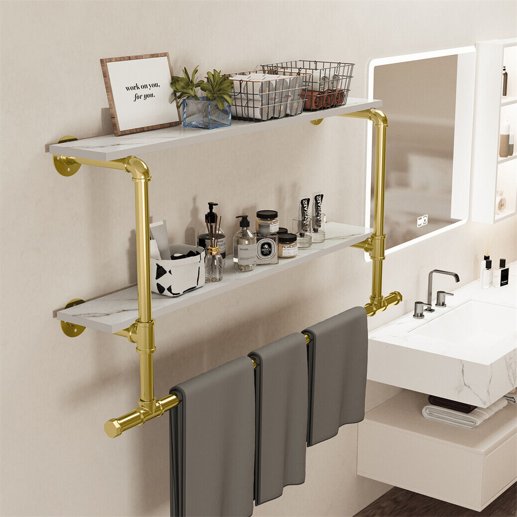 116 cm Wall-Mounted Pipe Garment Rack with 2 Shelves – 2 Finishes