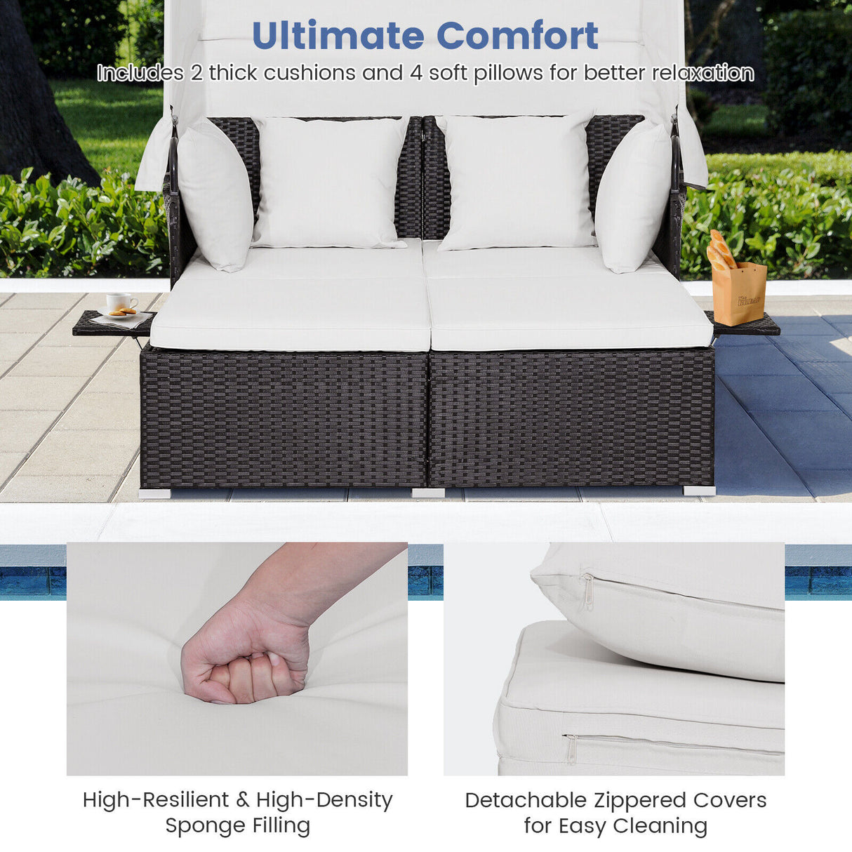 Outdoor Rattan Daybed Sunbed Wicker Furniture Retractable Canopy Patio Sofa Set