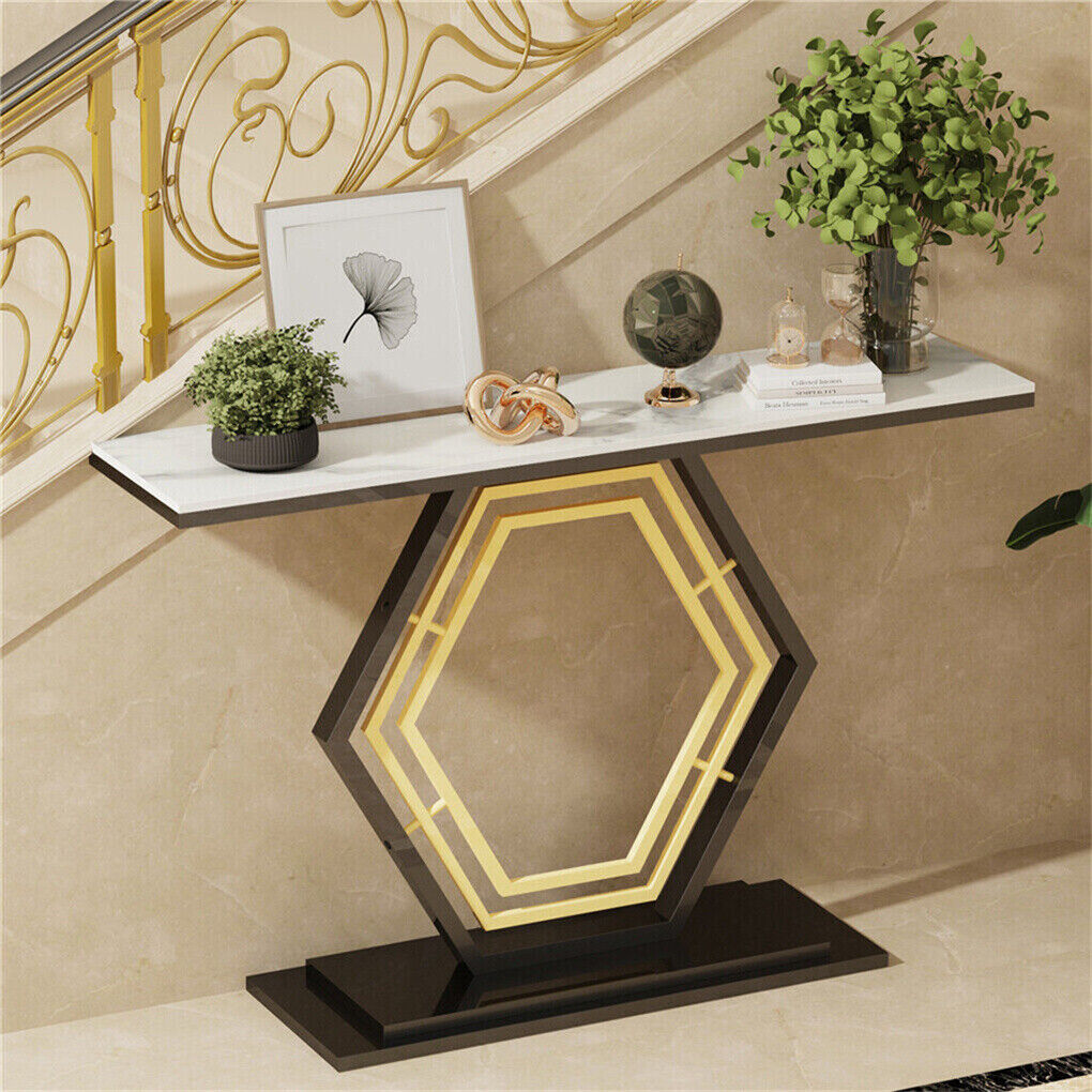 Heavy-Duty Marble-Style Console Table with Geometric Base