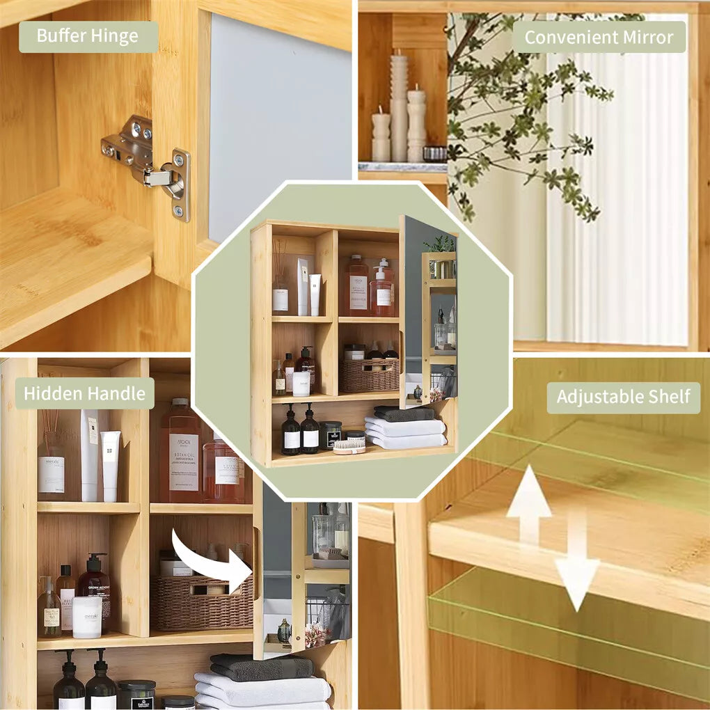 Wall Medicine Cabinet Natural Bamboo Bathroom Vanity Mirror 5 Open Storage Shelf