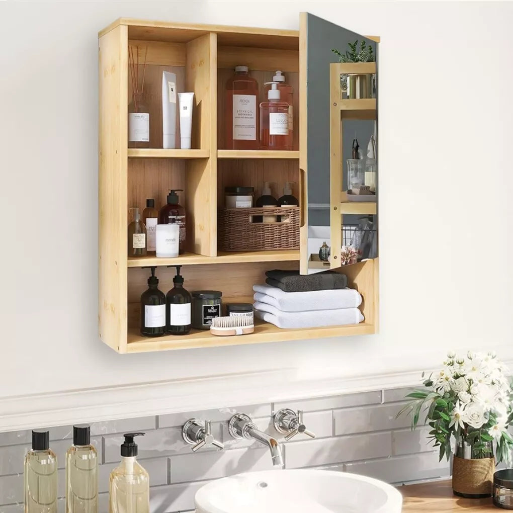 Wall Medicine Cabinet Natural Bamboo Bathroom Vanity Mirror 5 Open Storage Shelf