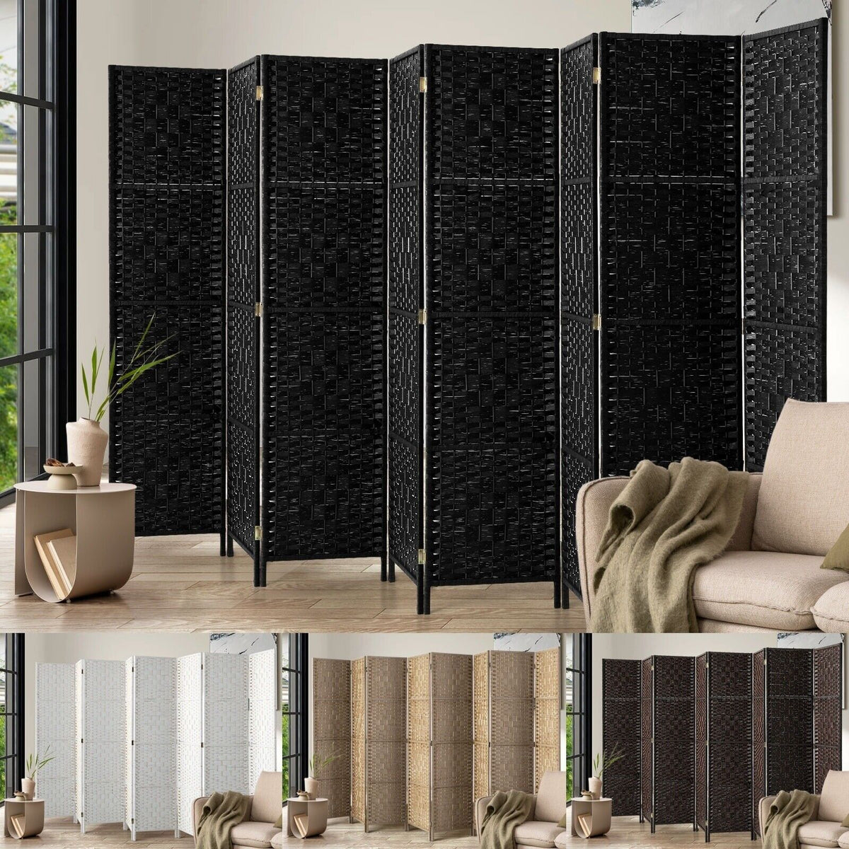 Pine & Woven-Rattan Folding Room Divider – 4, 6 or 8 Panels