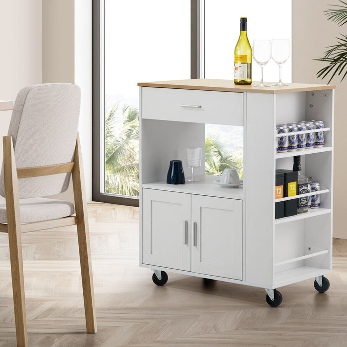 White Rolling Kitchen Island with 3-Tier Spice Rack