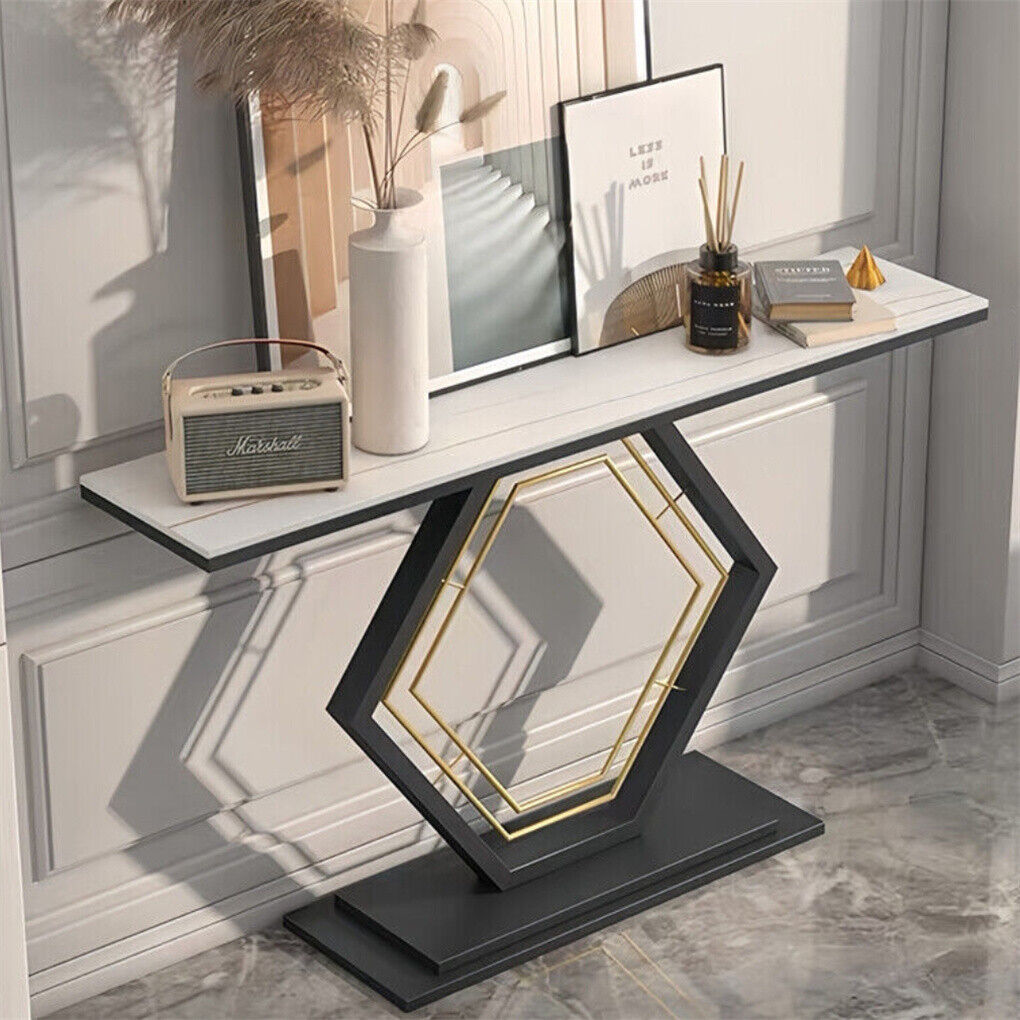 Heavy-Duty Marble-Style Console Table with Geometric Base