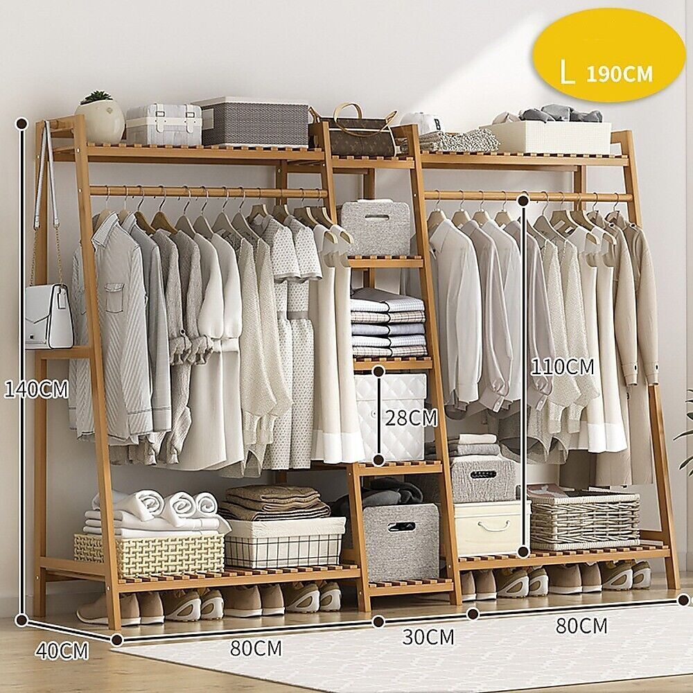 Freestanding Bamboo Garment Rack with Rail, Top Shelf & Shoe Storage