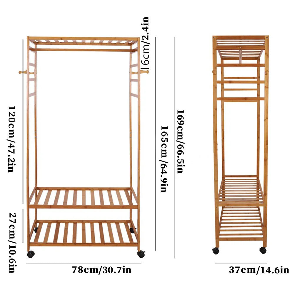 Rolling 3-Tier Bamboo Garment Rack – 78 × 41 × 169cm