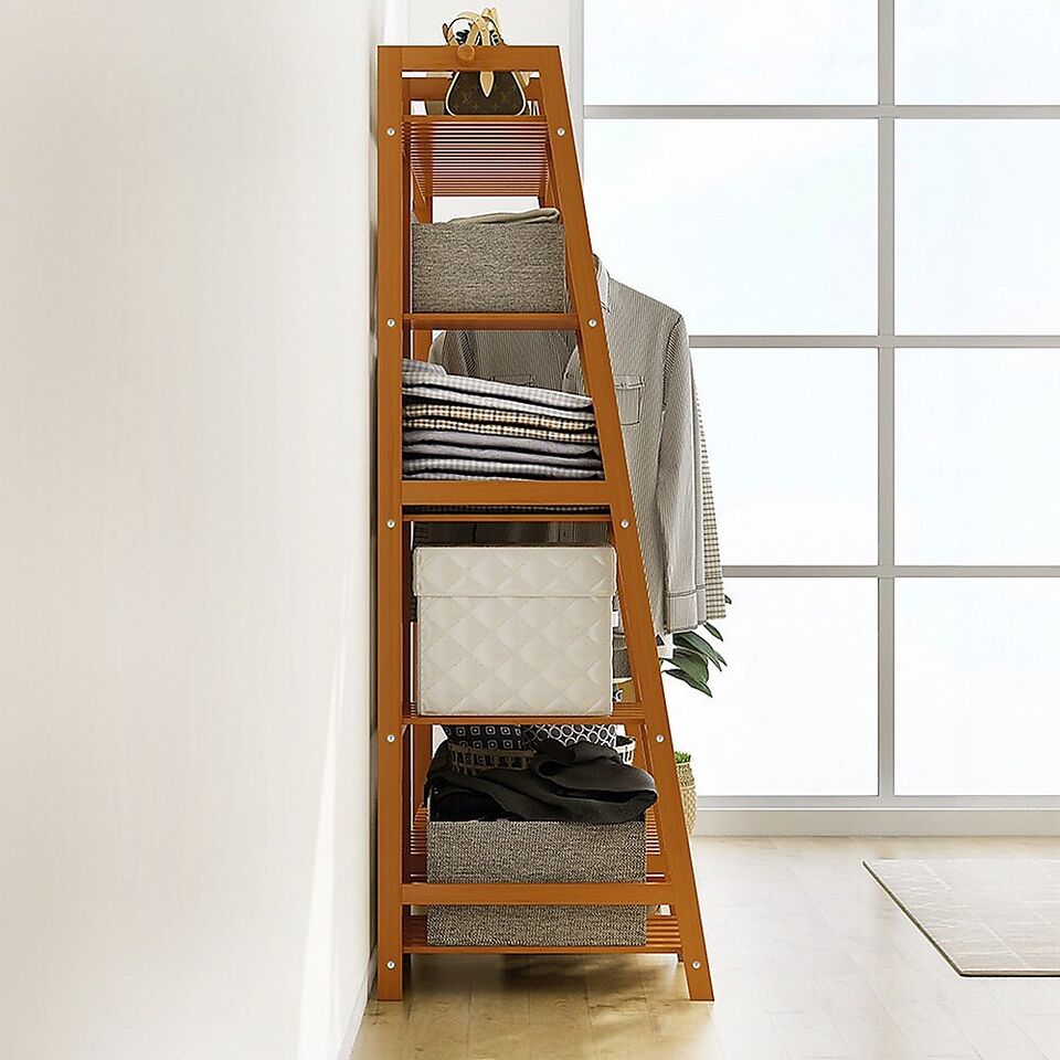 Freestanding Bamboo Garment Rack with Rail, Top Shelf & Shoe Storage