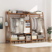 Freestanding Bamboo Garment Rack with Rail, Top Shelf & Shoe Storage