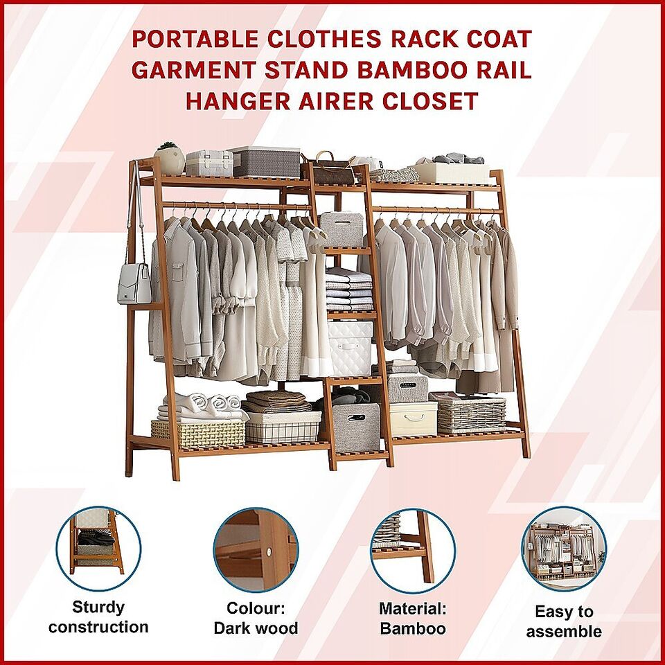 Freestanding Bamboo Garment Rack with Rail, Top Shelf & Shoe Storage
