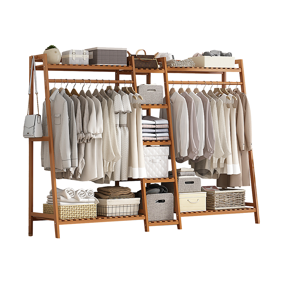 Freestanding Bamboo Garment Rack with Rail, Top Shelf & Shoe Storage