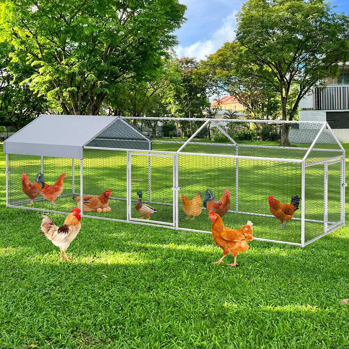 3×1×1m Metal Chicken Coop – Galvanised Outdoor Run with Waterproof Anti-UV Cover & 3 Lockable Doors