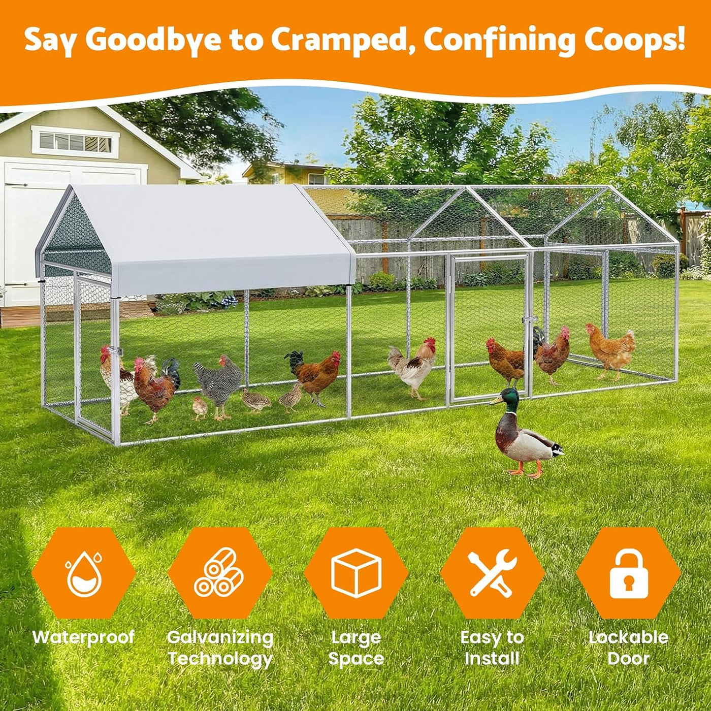 3×1×1m Metal Chicken Coop – Galvanised Outdoor Run with Waterproof Anti-UV Cover & 3 Lockable Doors