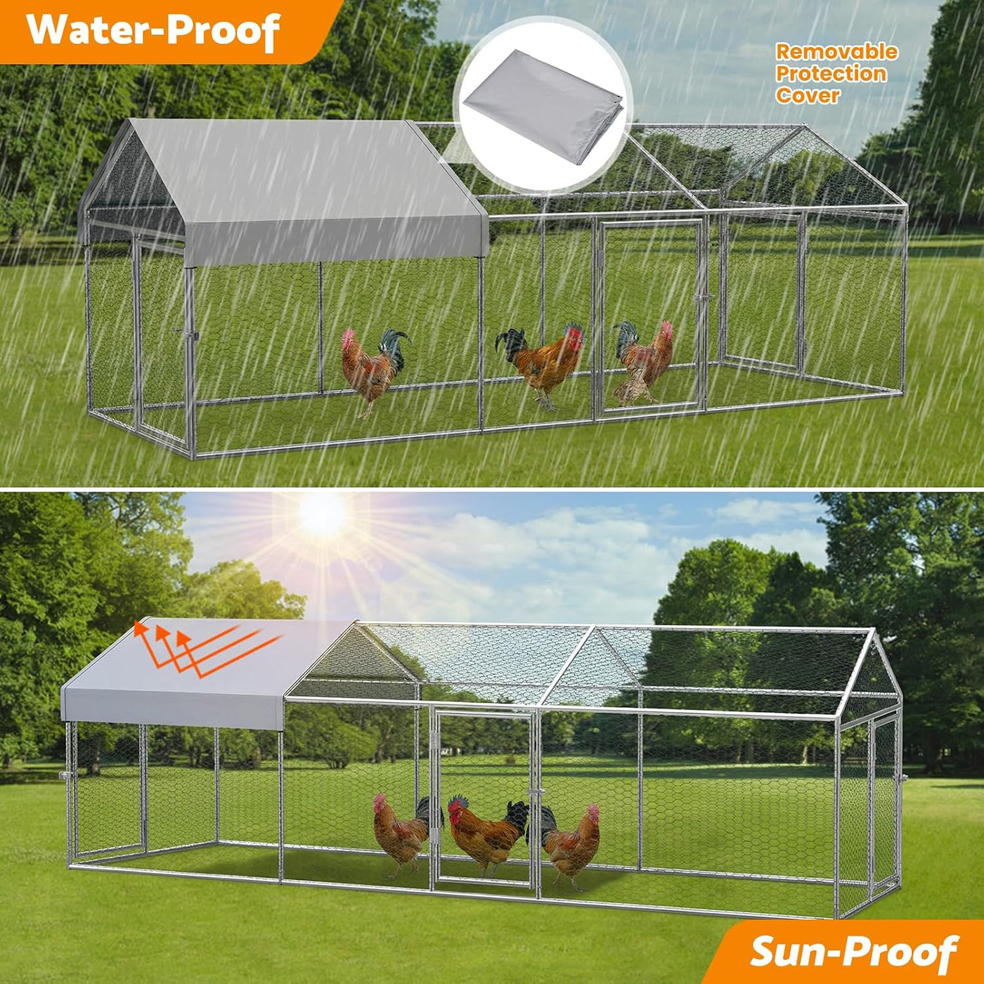 3×1×1m Metal Chicken Coop – Galvanised Outdoor Run with Waterproof Anti-UV Cover & 3 Lockable Doors