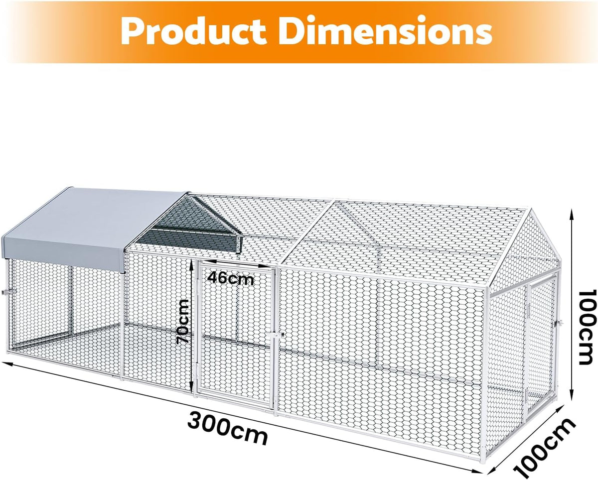 Galvanised Chicken Coop Run with Cover – 3 × 1 × 1 m
