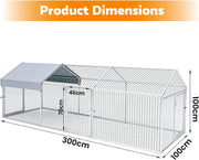 3×1×1m Metal Chicken Coop – Galvanised Outdoor Run with Waterproof Anti-UV Cover & 3 Lockable Doors