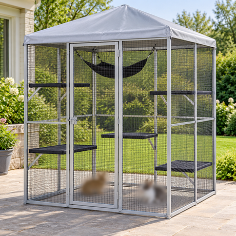 Large walk-in metal catio with rabbits blurred in the lead image