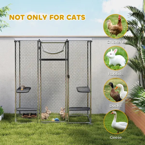 200 × 96 × 195 cm Walk-In Metal Catio with 5 Platforms & Hammock
