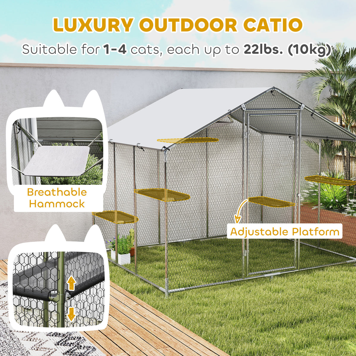 200 × 96 × 195 cm Walk-In Metal Catio with 5 Platforms & Hammock
