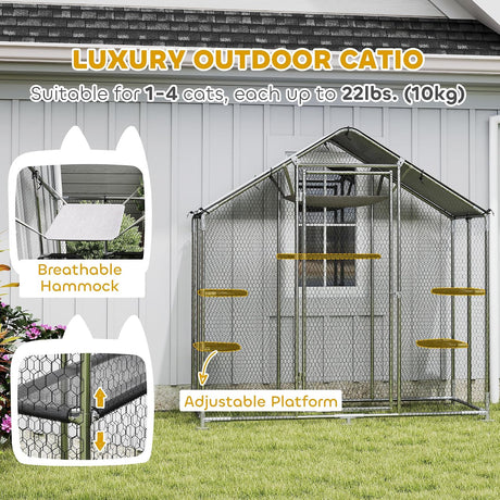 Large galvanised steel outdoor cat enclosure with waterproof roof