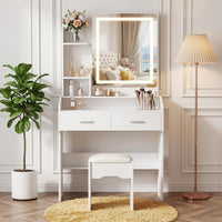 White LED-Strip Dressing Table with Mirror, 2 Drawers, Storage Shelves & Stool