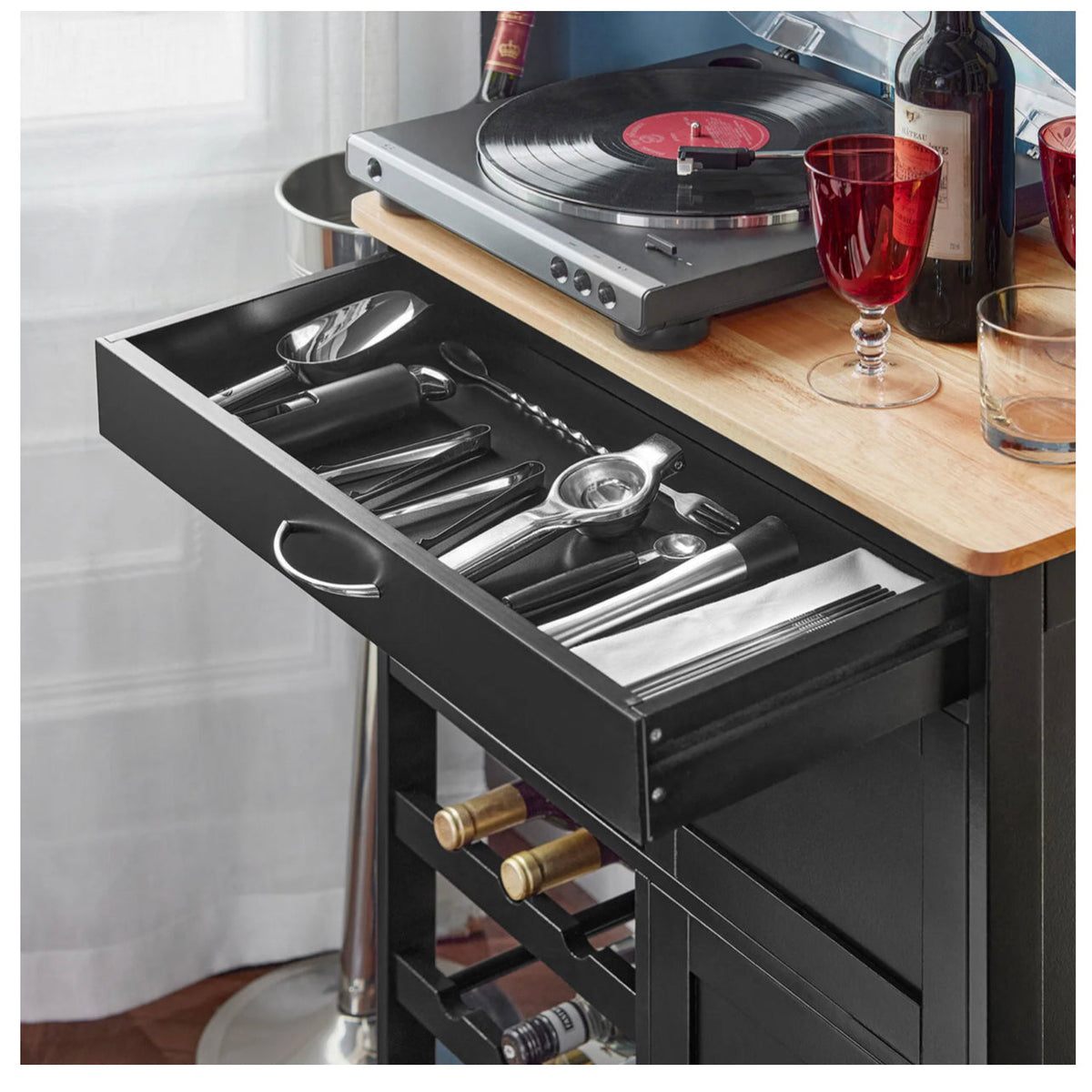Compact Kitchen Trolley with 3-Bottle Wine Rack