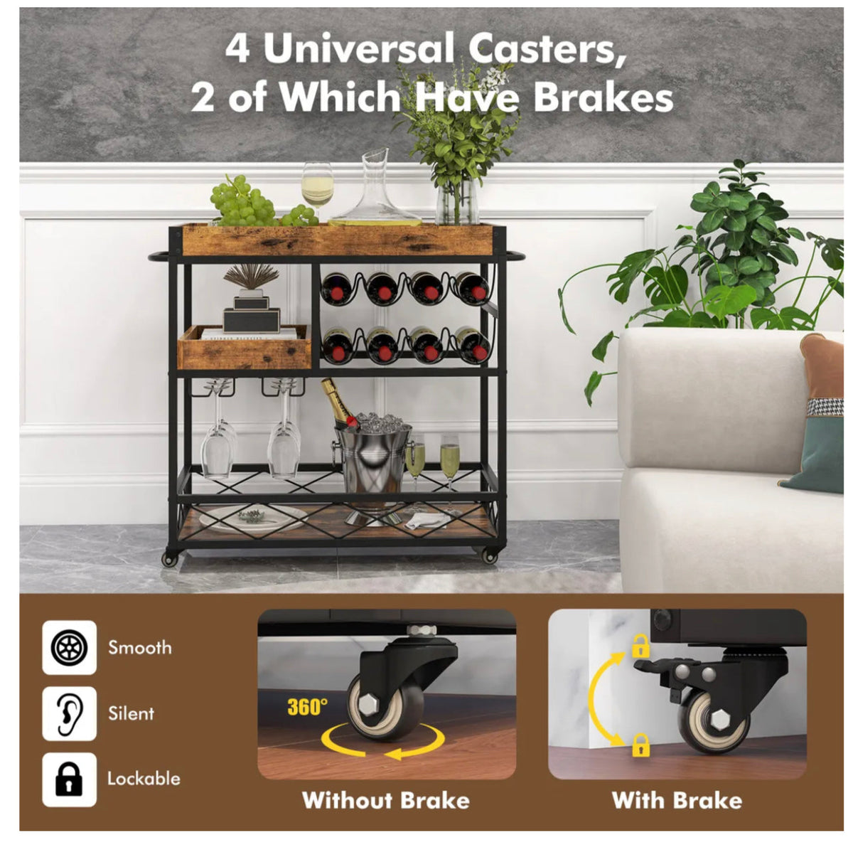 3-Tier Rolling Bar Cart with Removable Serving Tray