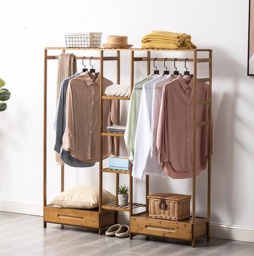 Bamboo Garment Rack with Hanging Rail & Storage Shelves