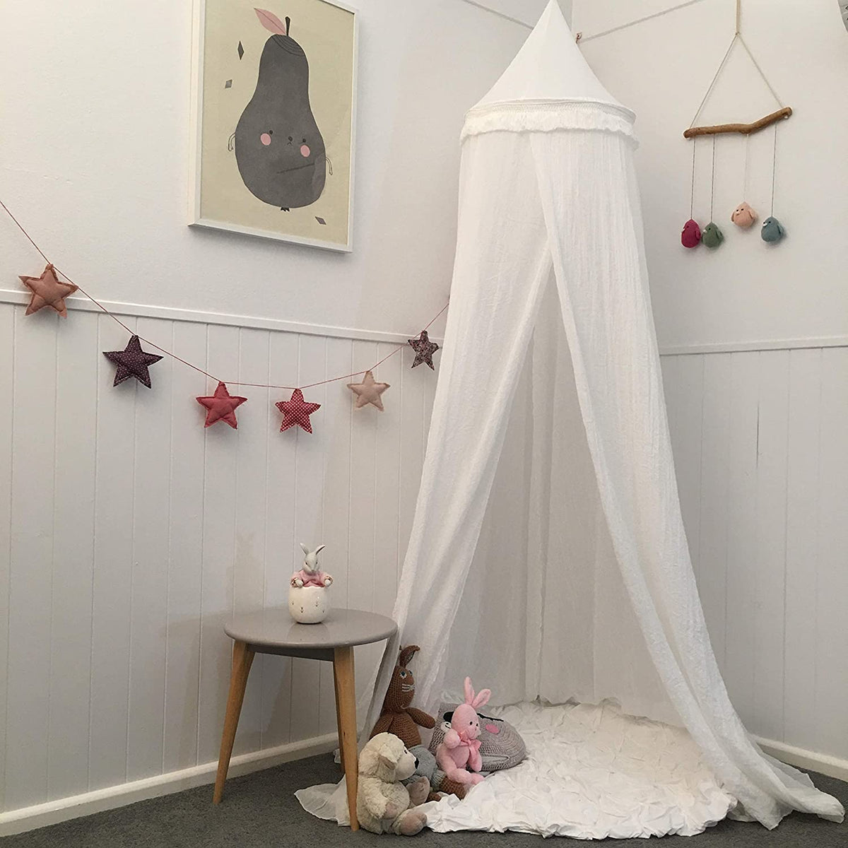 Soft White Hanging Bed Canopy with Tassels for Girls, Boys, Kids Rooms, Beds or Cribs. Nursery Decoration, Sheer Drapes for Child, Play, Reading or Hideaway Princess Tent