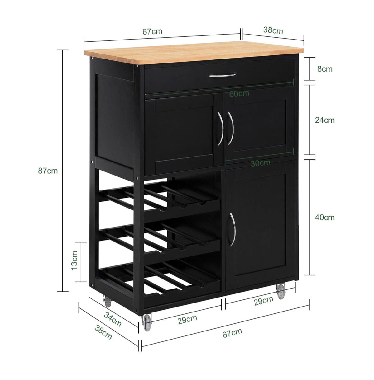 Compact Kitchen Trolley with 3-Bottle Wine Rack