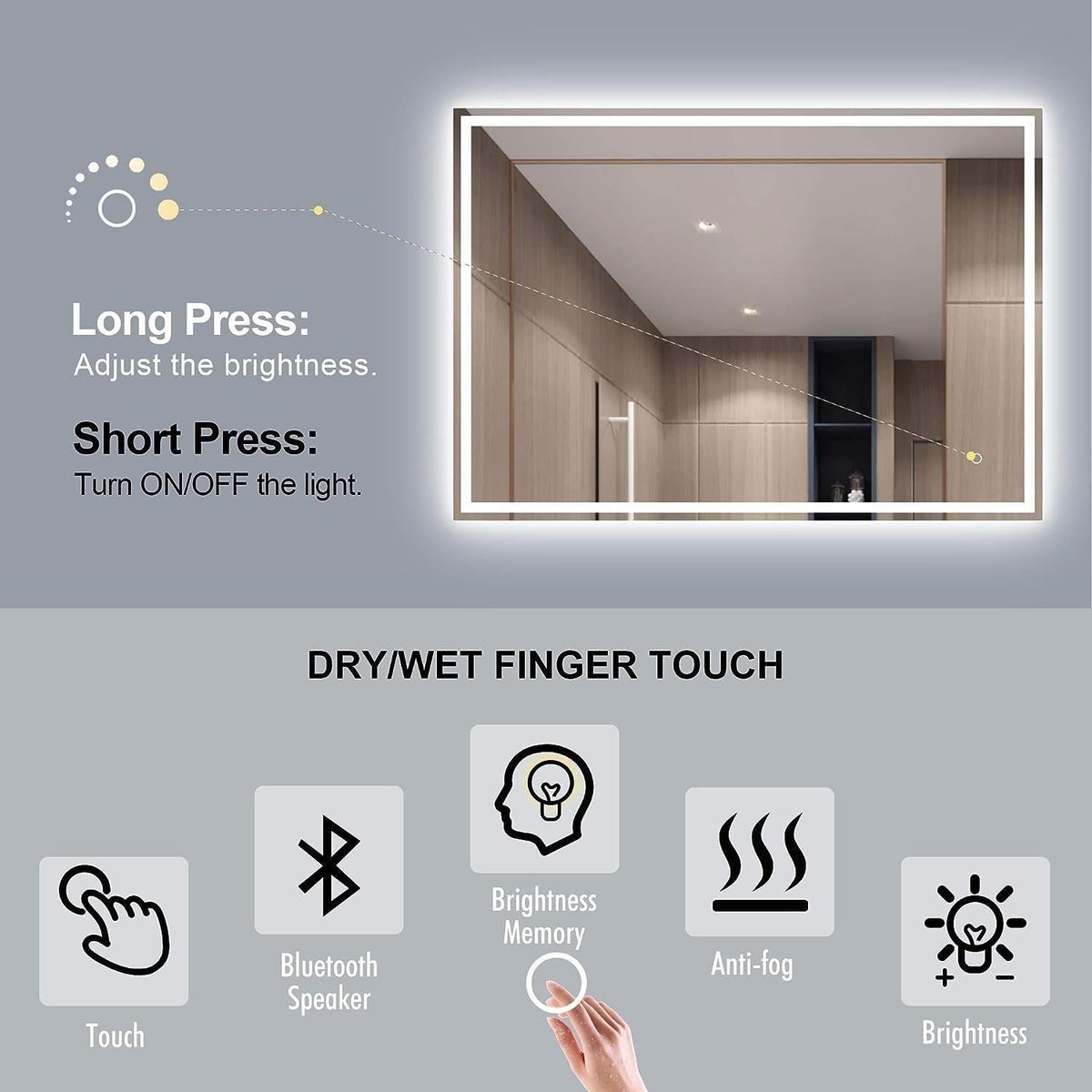 LED Mirror w Bluetooth Speaker 80cm, Anti-Fog, Smart Touch, Explosion-Proof Function, Waterproof Light, Rectangle