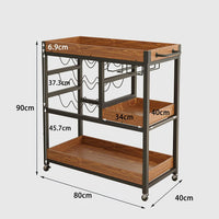 3-Tier Rolling Bar Cart with 12-Bottle Rack & Removable Trays