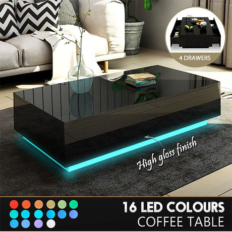 Modern LED Coffee Table Storage High Gloss Living Room Furniture 4 Drawers Black