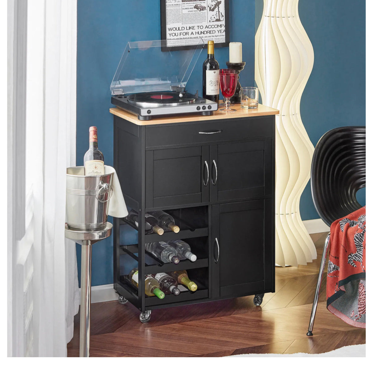 Compact Kitchen Trolley with 3-Bottle Wine Rack