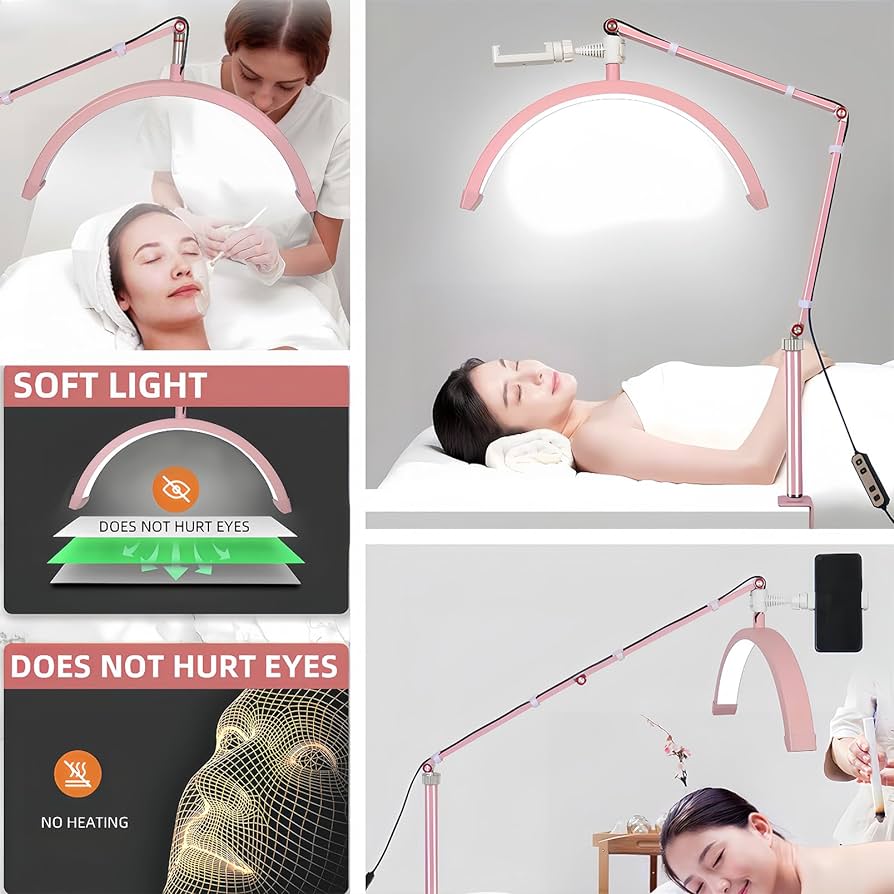 Led Half Moon Nail Desk Lamp,16inch Half Moon Lash Lamp for Lash Extensions,20W Eyelash Light Half Moon with 3 Color Dimmable,Beauty Desk Lamp with Phone Holder for Skincare Beauty Salon (Pink)