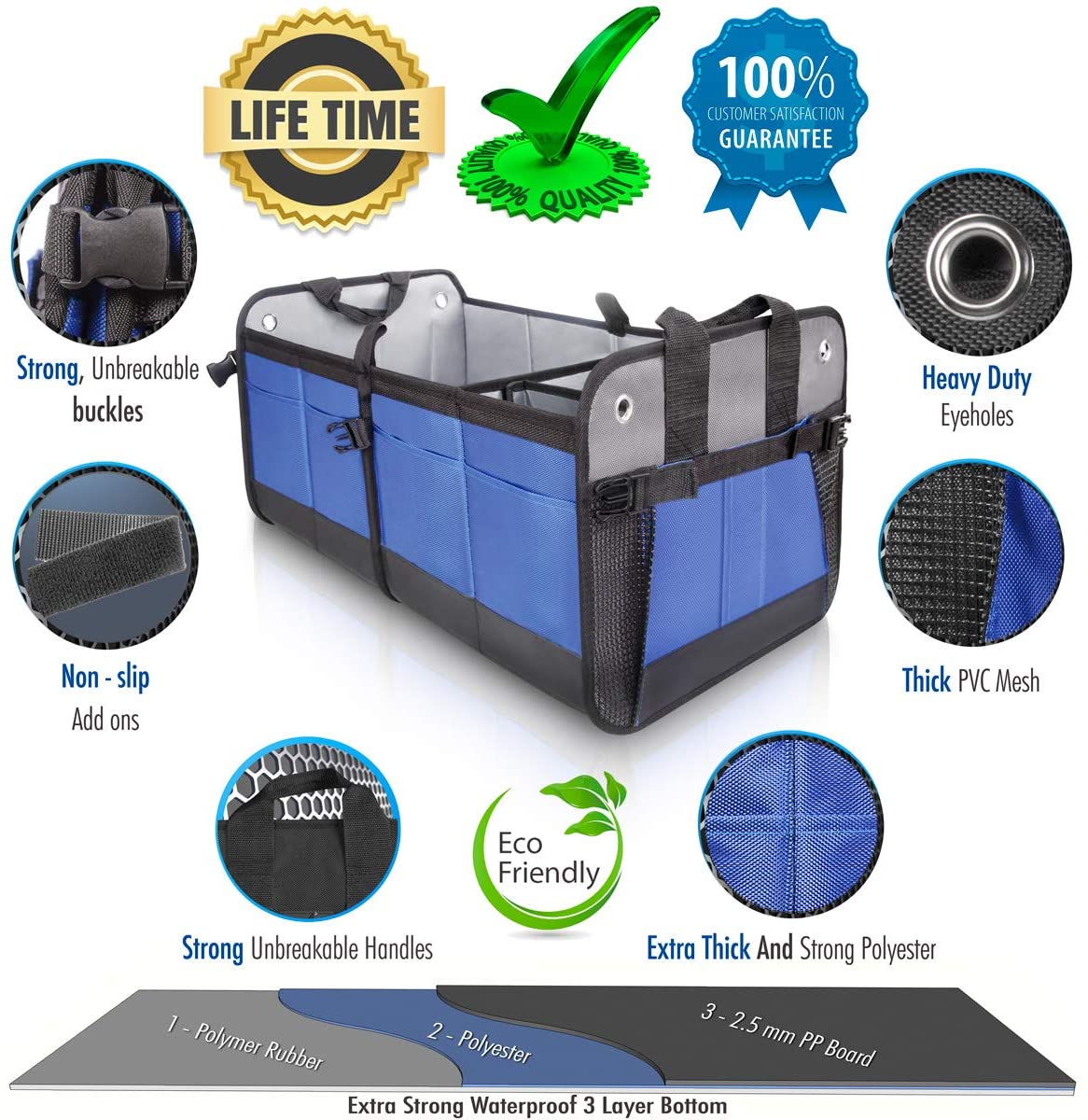 Car Trunk Organizer - Durable Storage SUV Cargo Organizer Adjustable, Blue