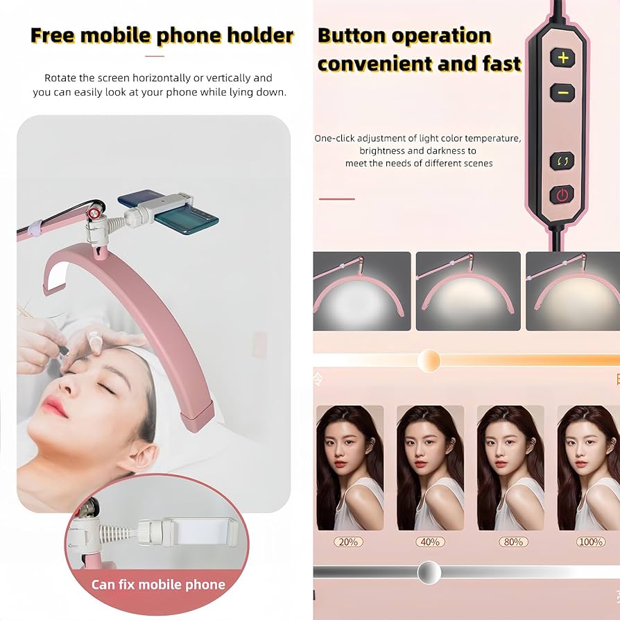 Led Half Moon Nail Desk Lamp,16inch Half Moon Lash Lamp for Lash Extensions,20W Eyelash Light Half Moon with 3 Color Dimmable,Beauty Desk Lamp with Phone Holder for Skincare Beauty Salon (Pink)
