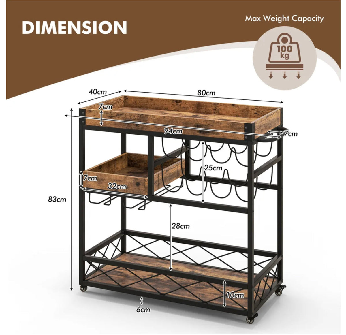 3-Tier Rolling Bar Cart with Removable Serving Tray