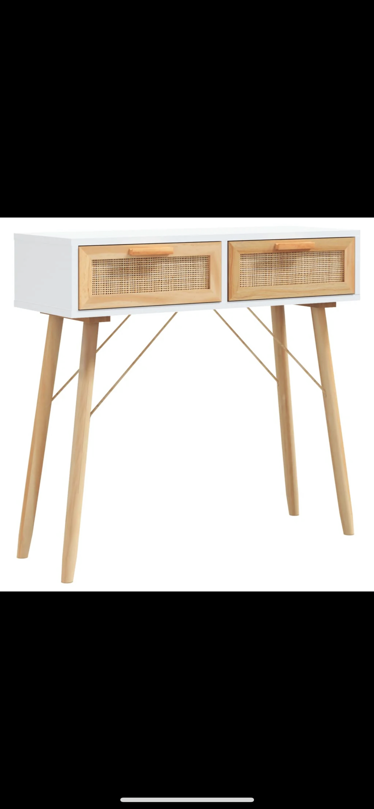 Solid Pine & Natural Rattan Console Table – White, 80 cm