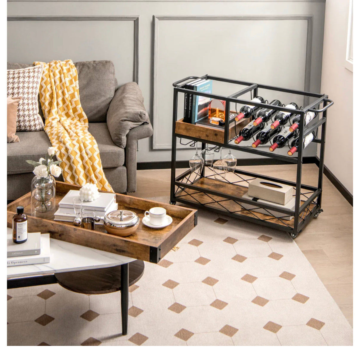3-Tier Rolling Bar Cart with Removable Serving Tray