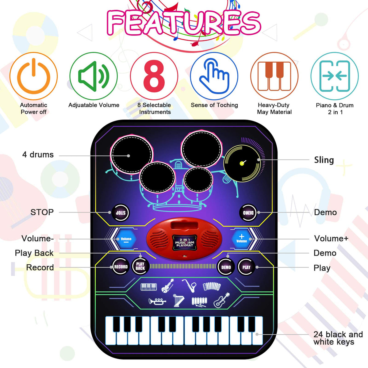 2-in-1 Music Playmat with Drum & Keyboard Piano Combo