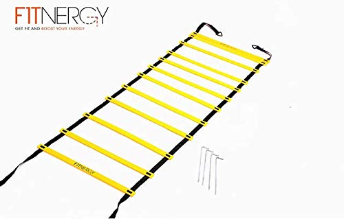 Speed and AGILITY LADDER Training Equipment by F1TNERGY - Orange 12 Rung Ladder FREE Carrying BAG + 10 Speed CONES (5 Orange + 5 Yellow) + 4 Pegs &amp; D-Rings - SOCCER TRAINING Football Gear Hockey Mask