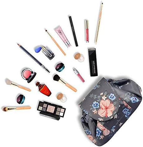 Portable Lazy Drawstring Makeup Bag Travel Cosmetic Bag Pouch Toiletry Organizer Waterproof Large for Women and Girls (Flower)