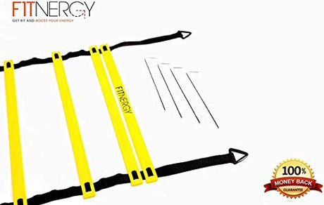 Speed and AGILITY LADDER Training Equipment by F1TNERGY - Orange 12 Rung Ladder FREE Carrying BAG + 10 Speed CONES (5 Orange + 5 Yellow) + 4 Pegs &amp; D-Rings - SOCCER TRAINING Football Gear Hockey Mask