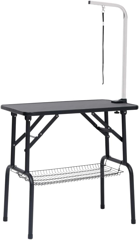 Foldable Pet Grooming Table with Adjustable Arm & Storage Basket